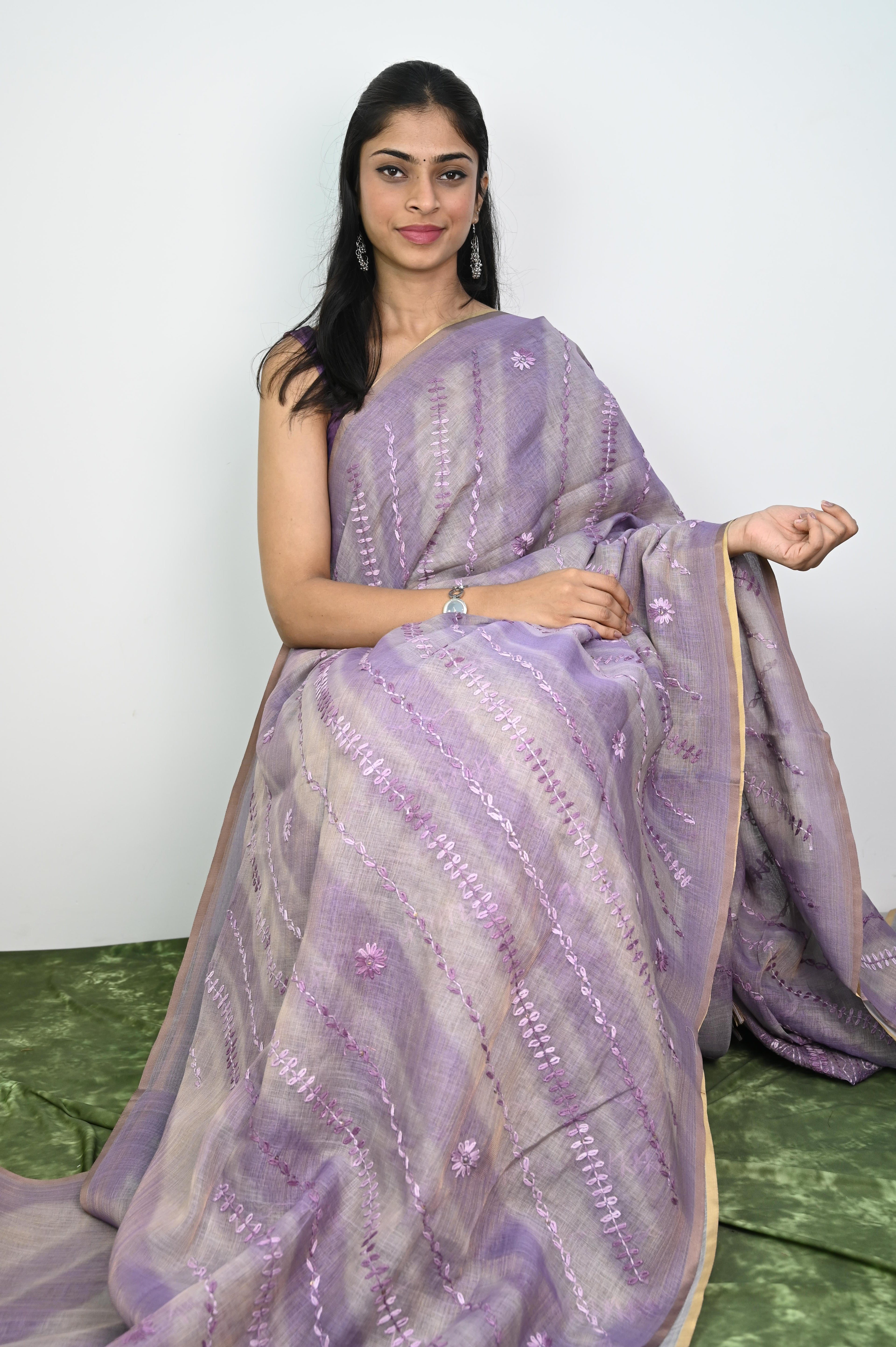 Linen embroidery silk saree